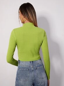 SHEIN 螺紋針織木耳邊T恤 - 青檸色 - 查看 1