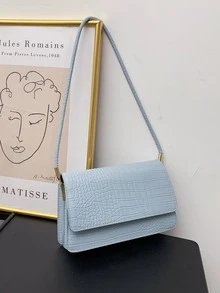 Crocodile Embossed Flap Shoulder Bag - Blue - View 1