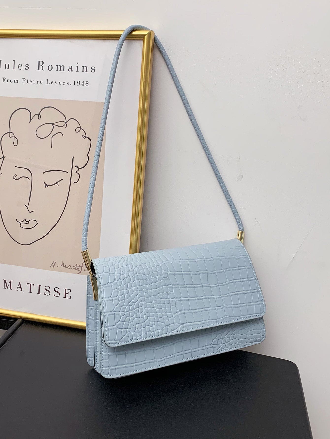 Crocodile Embossed Flap Shoulder Bag - Blue - View 1