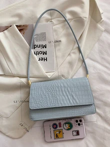 Crocodile Embossed Flap Shoulder Bag - Blue - View 5