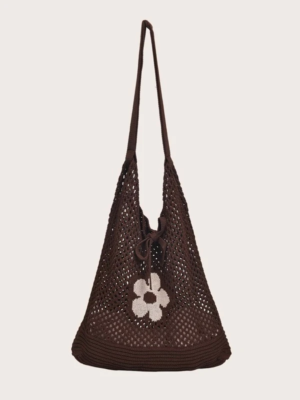 floral graphic crochet tote bag