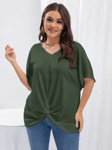 SHEIN LUNE Plus Batwing Sleeve Twist Hem Tee - Army Green - View 1