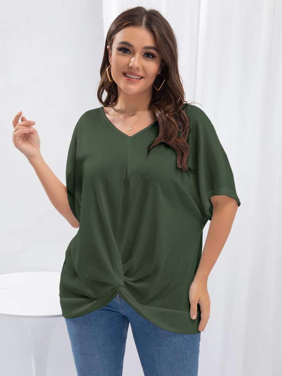 SHEIN LUNE Plus Batwing Sleeve Twist Hem Tee - Army Green - View 1