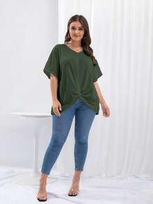 SHEIN LUNE Plus Batwing Sleeve Twist Hem Tee - Army Green - View 3