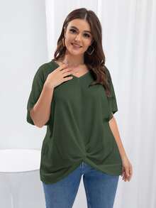 SHEIN LUNE Plus Batwing Sleeve Twist Hem Tee - Army Green - View 4