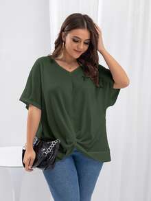 SHEIN LUNE Plus Batwing Sleeve Twist Hem Tee - Army Green - View 5