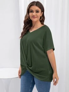 SHEIN LUNE Plus Batwing Sleeve Twist Hem Tee - Army Green - View 6