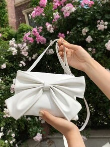 迷你蝴蝶結裝飾斜挎包,日常通勤,旅行,度假,街購物,白色拉鍊蝴蝶結,PU皮革材料蝴蝶結 - 白色 - 查看 1