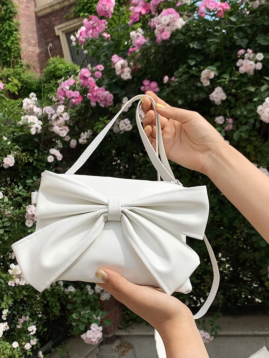 迷你蝴蝶結裝飾斜挎包,日常通勤,旅行,度假,街購物,白色拉鍊蝴蝶結,PU皮革材料蝴蝶結 - 白色 - 查看 1
