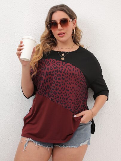 SHEIN Unity 大碼豹紋撞色落肩T恤