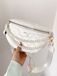 Faux Pearl Decor Quilted Bum Bag - White - View 1