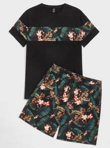 Manfinity Men Tropical Print Tee & Elastic Waist Shorts Lounge Set - Multicolor - View 1