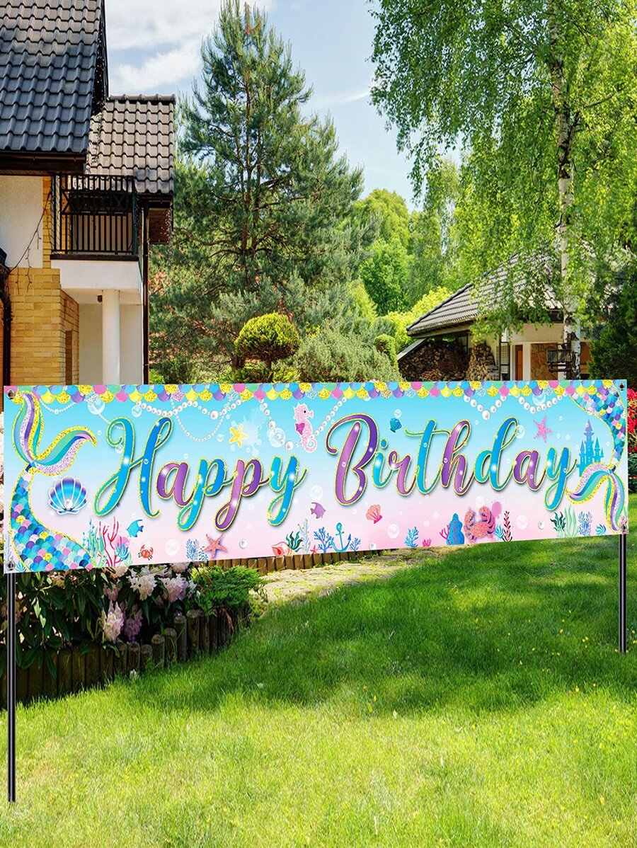 1入組40*180cm美人魚主題派對生日橫幅，背景布，派對裝飾，生日派對裝飾 - 彩色 - 查看 1