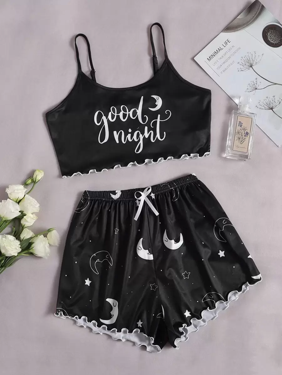 Slogan & Moon Print Lettuce Trim Cami Top & Shorts Pajama Set - Black - View 1