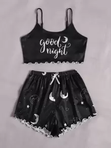 Slogan & Moon Print Lettuce Trim Cami Top & Shorts Pajama Set - Black - View 3