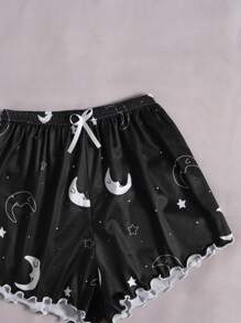 Slogan & Moon Print Lettuce Trim Cami Top & Shorts Pajama Set - Black - View 4