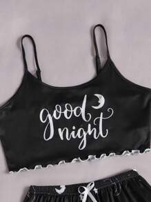 Slogan & Moon Print Lettuce Trim Cami Top & Shorts Pajama Set - Black - View 5