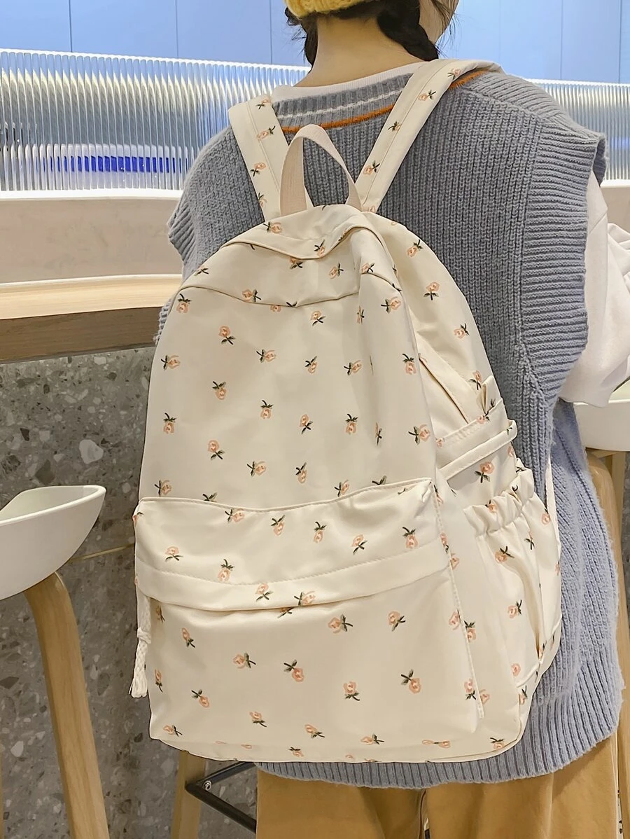 Ditsy Floral Print Classic Backpack School Bag For Graduate, Teen Girls, Freshman, Sophomore, Junior & Senior In College, University & High School, Perfect For Outdoors, Travel & Back To School Bookbag Portable, Lightweight School Backpack, Large Capacity, Laptop Compartment, Portable, Lightweight, Suitable For Teen Girls Women College Students - Beige - View 1