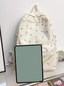 Ditsy Floral Print Classic Backpack School Bag For Graduate, Teen Girls, Freshman, Sophomore, Junior & Senior In College, University & High School, Perfect For Outdoors, Travel & Back To School Bookbag Portable, Lightweight School Backpack, Large Capacity, Laptop Compartment, Portable, Lightweight, Suitable For Teen Girls Women College Students - Beige - View 4