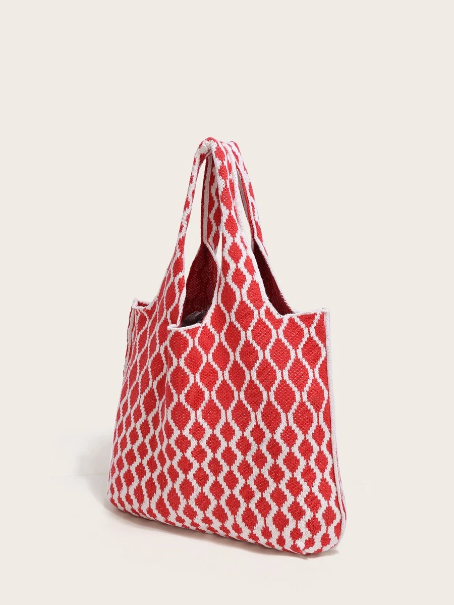 大容量滿身圖案勾織包 - 紅色 - 查看 1