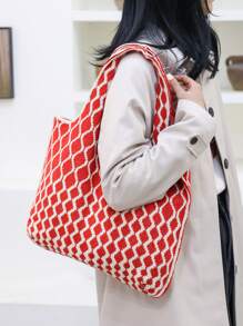 大容量滿身圖案勾織包 - 紅色 - 查看 3