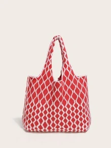 大容量滿身圖案勾織包 - 紅色 - 查看 4