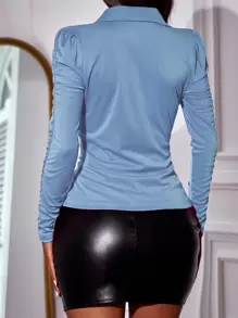 SHEIN Unity Ruched Button Placket Solid Top Fall Cloth For Women - Dusty Blue - View 2