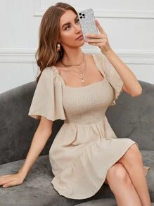 Vestido fruncido de cuello cuadrado de manga mariposa bajo con fruncido - Albaricoque - Ver 1