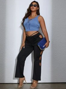 Pantalones con abertura lateral bajo con abertura fruncido - Negro - Ver 1