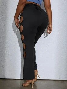 Pantalones con abertura lateral bajo con abertura fruncido - Negro - Ver 2