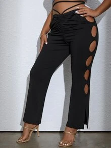 Pantalones con abertura lateral bajo con abertura fruncido - Negro - Ver 4