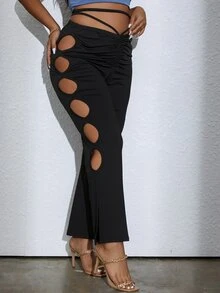 Pantalones con abertura lateral bajo con abertura fruncido - Negro - Ver 5