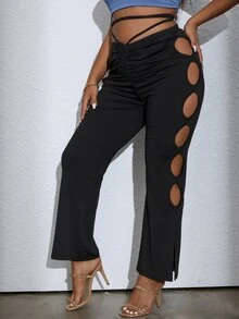 Pantalones con abertura lateral bajo con abertura fruncido - Negro - Ver 6