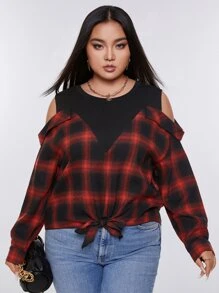 áo nữ kích thước lớn Cắt ra Thắt nút Sọc ca rô Sẵn sàng - Nhiều màu - Xem 1