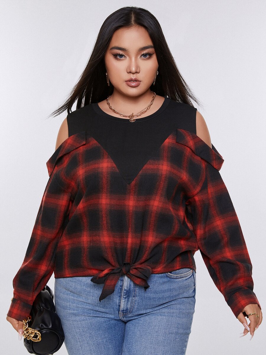 áo nữ kích thước lớn Cắt ra Thắt nút Sọc ca rô Sẵn sàng - Nhiều màu - Xem 1