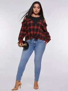 áo nữ kích thước lớn Cắt ra Thắt nút Sọc ca rô Sẵn sàng - Nhiều màu - Xem 3