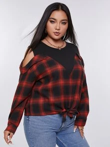 áo nữ kích thước lớn Cắt ra Thắt nút Sọc ca rô Sẵn sàng - Nhiều màu - Xem 4