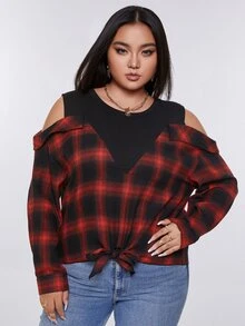 áo nữ kích thước lớn Cắt ra Thắt nút Sọc ca rô Sẵn sàng - Nhiều màu - Xem 5