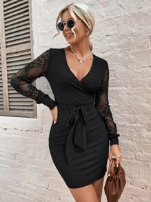 拼接蕾絲袖腰帶緊身洋裝 - 黑色 - 查看 1