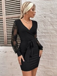 拼接蕾絲袖腰帶緊身洋裝 - 黑色 - 查看 3