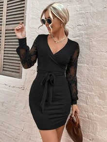 拼接蕾絲袖腰帶緊身洋裝 - 黑色 - 查看 5