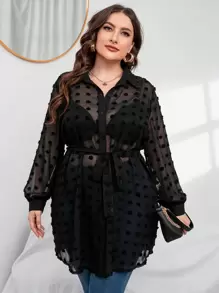 SHEIN Clasi 大碼圓點燈籠袖腰帶襯衫不附胸罩 - 黑色 - 查看 1