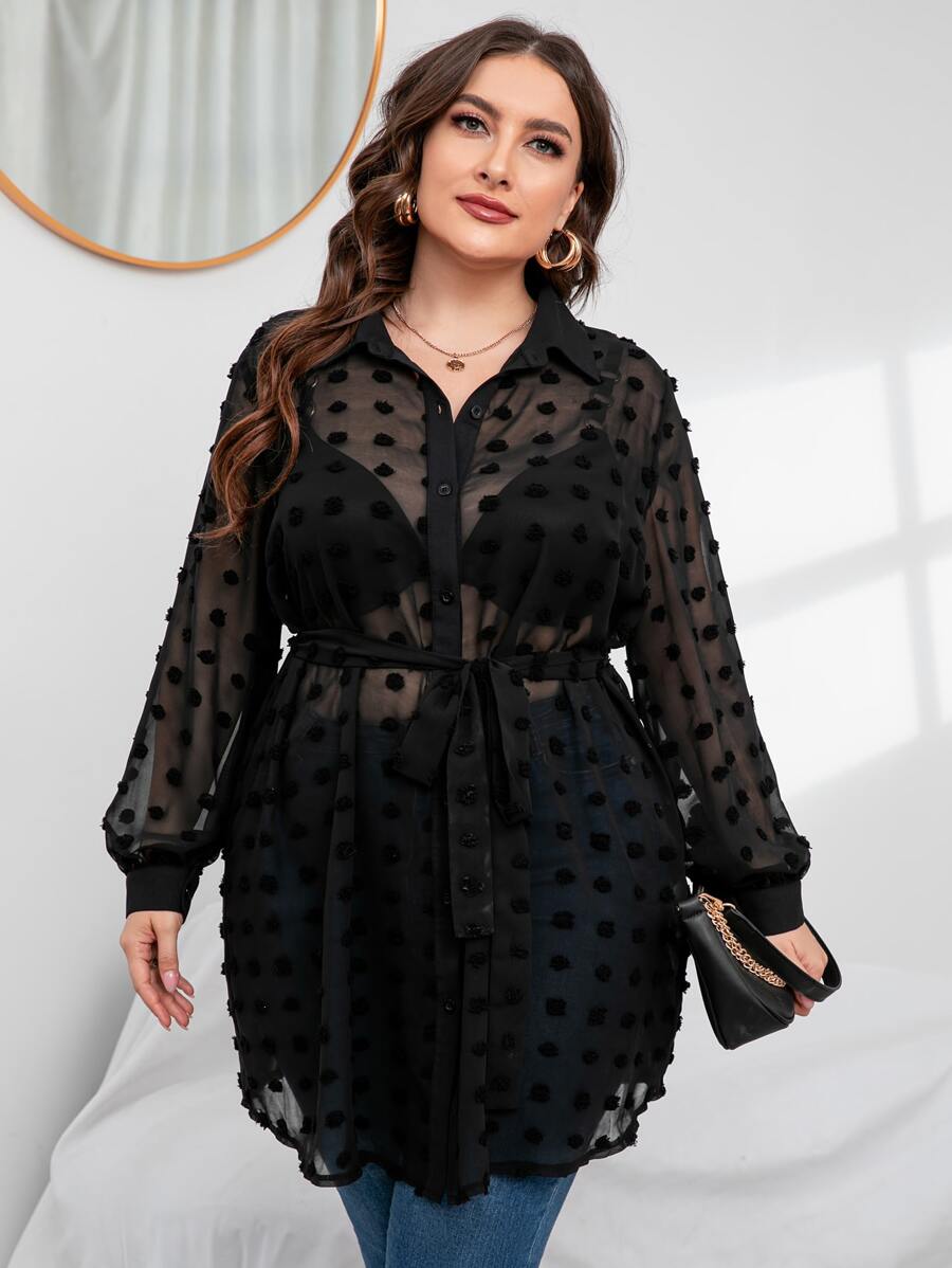 SHEIN Clasi 大碼圓點燈籠袖腰帶襯衫不附胸罩 - 黑色 - 查看 1