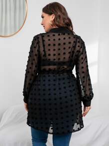 SHEIN Clasi 大碼圓點燈籠袖腰帶襯衫不附胸罩 - 黑色 - 查看 2