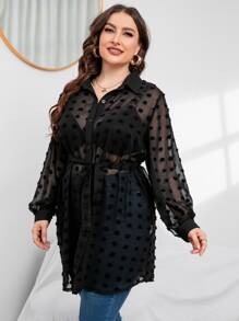 SHEIN Clasi 大碼圓點燈籠袖腰帶襯衫不附胸罩 - 黑色 - 查看 3