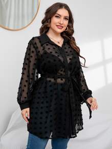 SHEIN Clasi 大碼圓點燈籠袖腰帶襯衫不附胸罩 - 黑色 - 查看 4