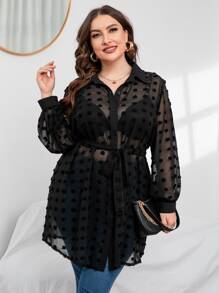 SHEIN Clasi 大碼圓點燈籠袖腰帶襯衫不附胸罩 - 黑色 - 查看 5