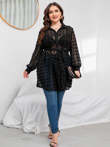 SHEIN Clasi 大碼圓點燈籠袖腰帶襯衫不附胸罩 - 黑色 - 查看 6