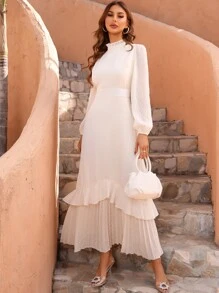 SHEIN 圓點褶邊荷葉邊洋裝 - 米色 - 查看 1