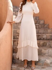 SHEIN 圓點褶邊荷葉邊洋裝 - 米色 - 查看 4